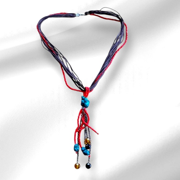 Vintage Boho Bead Necklace - Brown/Red/Blue - Picture 2 of 14